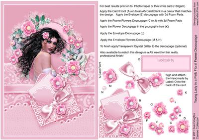 Young Lady in a Pink Floral Frame Decoupage