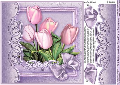 Pink Tulips in a Lilac Rope Frame - 8in x 8in Decoupage