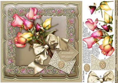 Summer Rosebuds on a Taupe Silk Cushion 8in x 8in Decoupag
