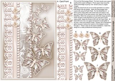 Taupe Butterflies Pearls and Lace Decoupage