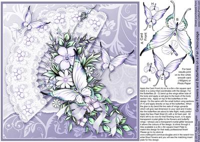 Grape Flowers and Butterflies on a Fan - 8in x 8in Decoupage