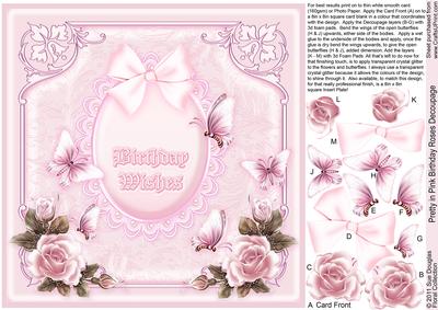 Pretty in Pink Birthday Roses 8in x 8in Decoupage
