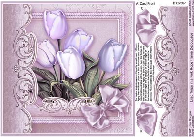 Lilac Tulips in a Pink Rope Frame - 8in x 8in Decoupage