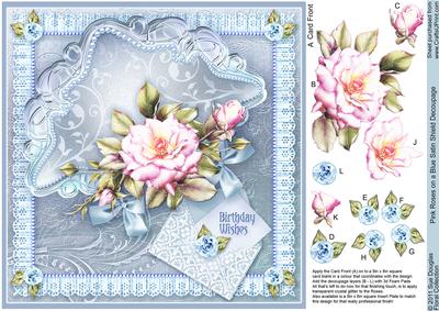 Pink Roses on a Blue Satin Shield - 8in x 8in Decoupage