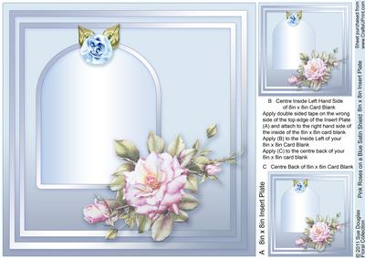 Pink Roses on a Blue Satin Shield - 8in x 8in Insert Plate