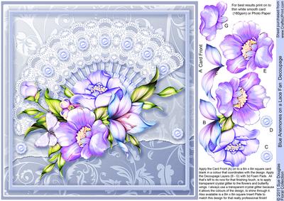 Blue Anemones on a Lace Fan 8in x 8in Decoupage