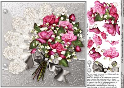 Pink Roses on an Ornate Fan 8in x 8in Decoupage