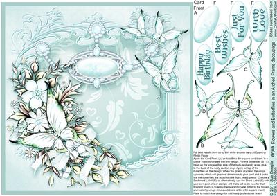 Aqua Flowers and Butterflies on an Arched Frame 8x8 Decoupag