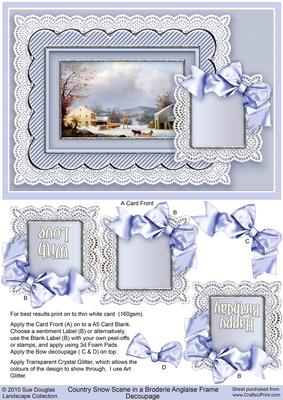 Country Snow Scene in a Broderie Anglaise Frame Decoupage