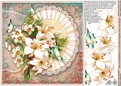 Lilies and Butterflies on a Broderie Anglaise Doily 8x8 Deco