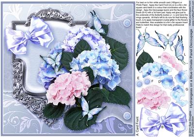 Hydrangeas on a Blue Ornate Panel 8in x 8in Decoupage