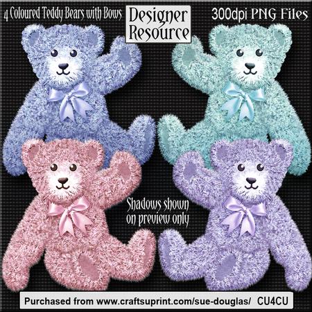 Designer Resource - Coloured Teddy Bears with Bows
