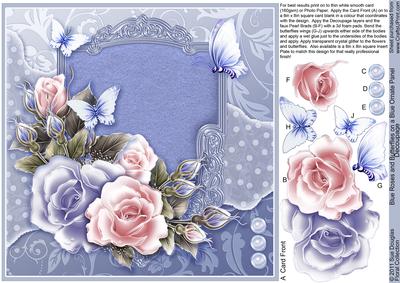 Roses and Butterflies on a Blue Ornate Panel 8in x 8in Decou