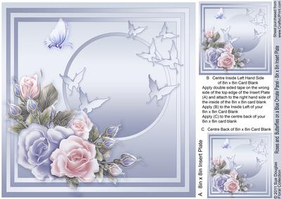 Roses and Butterflies on a Blue Ornate Panel - 8in x 8in Ins