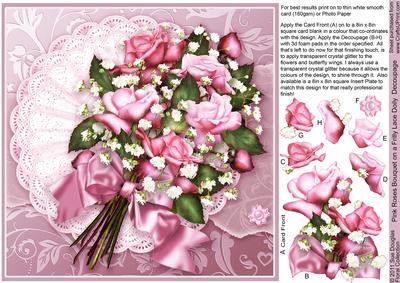 Pink Roses Bouquet on a Frilly Lace Doily 8in x 8in Decoupag