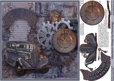 Steampunk Vintage Car 8in x 8in Decoupage