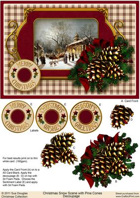 Christmas Snow Scene with Pine Cones Decoupage