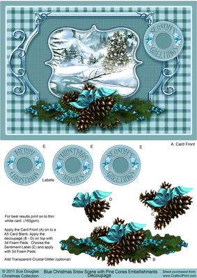 Blue Christmas Snow Scene with Pine Cones Embellishment Deco