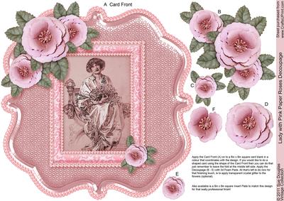 Lady with Pink Paper Roses 8in x 8in Decoupage