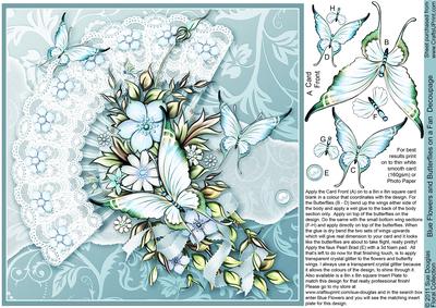 Blue Flowers and Butterflies on a Fan Decoupage 8in x 8in