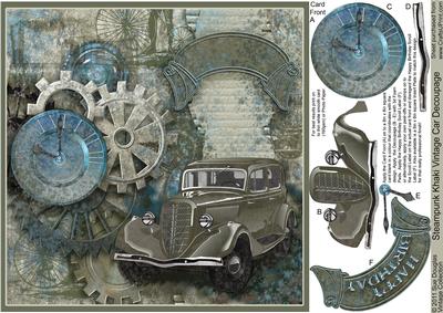 Steampunk Khaki Vintage Car 8in x 8in Decoupage