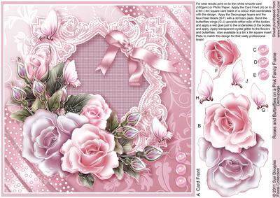 Roses and Butterflies on a Pink Fancy Frame 8in x 8in Decoup