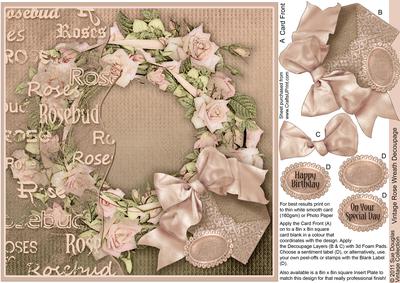 Vintage Rose Wreath 8in x 8in Decoupage