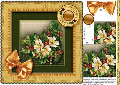 Holly and Flowers in a Lace Frame Pyramage 8in x 8in
