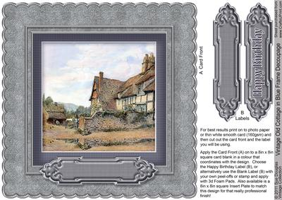 Vintage Old Cottage in Blue Frame 8in x 8in Decoupage