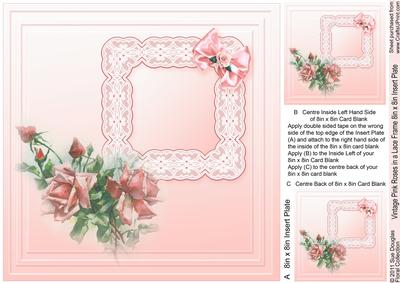 Vintage Pink Roses in a Lace Frame - 8in x 8in Insert Plate