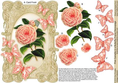 Pink Camellia in a Butterfly Frame A5 Decoupage