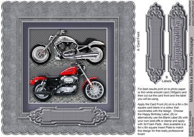 Motorbikes in a Blue Frame 8in x 8in Decoupage
