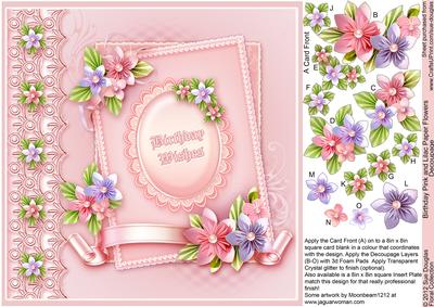 Birthday Pink and Lilac Paper Flowers 8in x 8in Decoupage