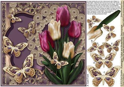 Aubergine Tulips and Butterflies - 8in x 8in Decoupage