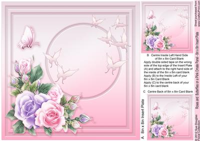 Roses and Butterflies on a Pink Panel - 8in x 8in Ins Plate