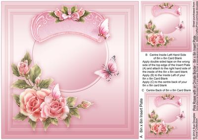 Pink Roses with Ornate Border - 8in x 8in Insert Plate