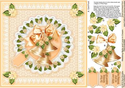 Wedding Bells and Lace in Cream - 8in x 8in Decoupage	
