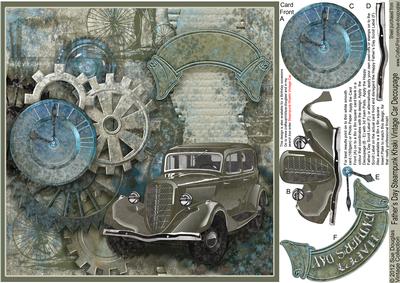 Father's Day Steampunk Khakhi Vintage Car 8in x 8in Decoupag