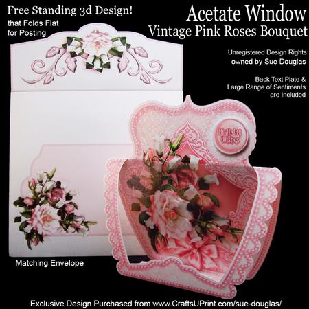 3D Acetate Window Vintage Pink Roses Bouquet