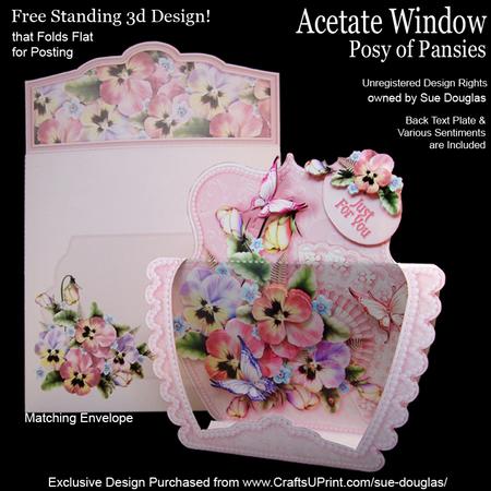 3D Acetate Window Posy of Pansies and Butterflies