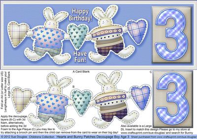 Hearts and Bunny Patches Boy Age 3 Decoupage