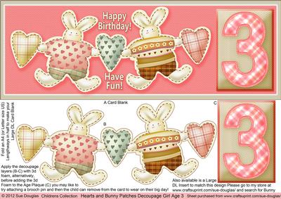 Hearts and Bunny Patches Girl Age 3 Decoupage