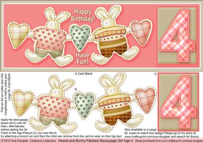 Hearts and Bunny Patches Girl Age 4 Decoupage
