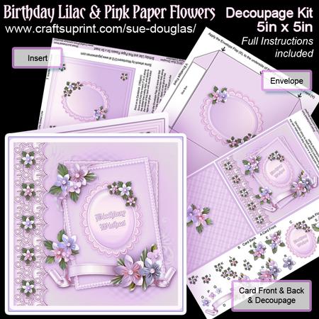 Birthday Lilac and Pink Paper Flowers 5in x 5in Decoupage Ki