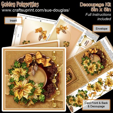 Gold Poinsettias 5in x 5in Decoupage Kit Envel & Insert Incl