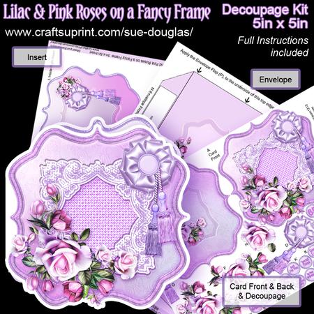 Lilac & Pink Roses on a Fancy Frame 5in x 5in Decoupage Kit