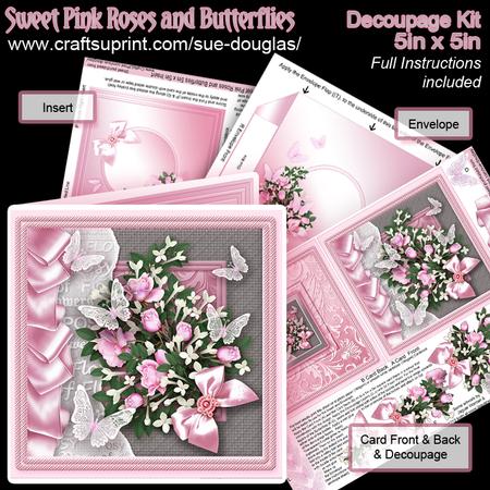 Sweet Pink Roses and Butterflies 5in x 5in Decoupage Kit