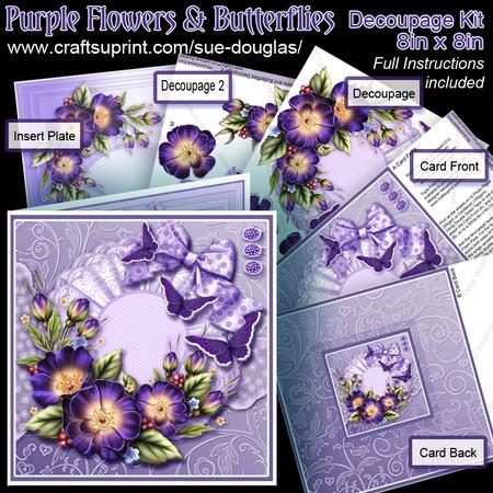 Purple Flowers and Butterflies 8in x 8in Decoupage Kit