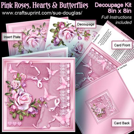 Pink Roses, Hearts and Butterflies 8in x 8in Decoupage Kit
