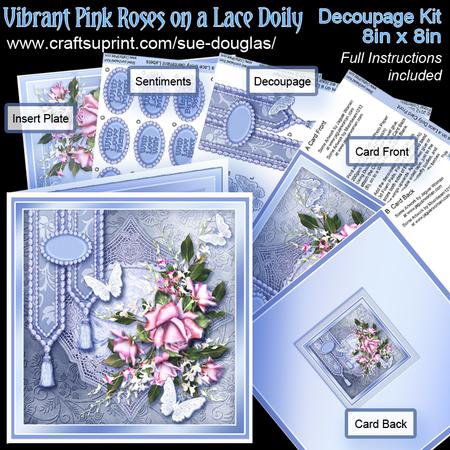 Vibrant Pink Roses on a Lace Doily 8in x 8in Decoupage Kit